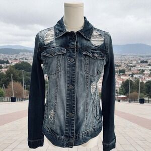 Juicy Couture XS Rhinestone Distressed Denim Jacket Y2K Bling Glam Grunge‎